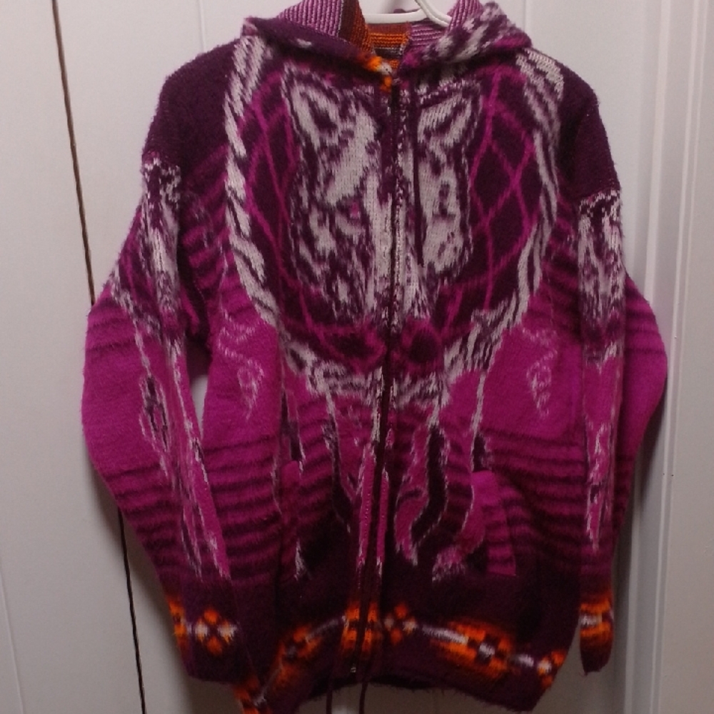 Sacred Wolf Dreamcatch Woven Alpaca Hoodie Sweater Jacket